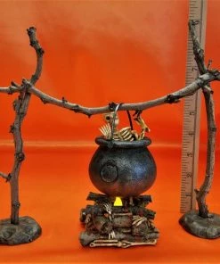 Online American Store Handmade Witch Cauldron Halloween Display, Table Centerpiece, Mantle Decoration, Lighted Cauldron Fire, Creepy Witch Fire, Cooking Skeleton Halloween Decorations