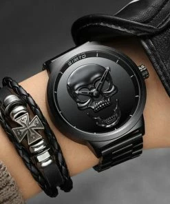 Onlineamericanstore Men's 3D Skull Watch - Luxury Steel Gold, Black Vintage Quartz Men's Watch, Men Gift Watch, Day Of The Dead Gift Watch, Free Shipping Halloween Jewelry