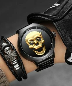Onlineamericanstore Men's 3D Skull Watch - Luxury Steel Gold, Black Vintage Quartz Men's Watch, Men Gift Watch, Day Of The Dead Gift Watch, Free Shipping Halloween Jewelry