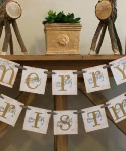 Onlineamericanstore Merry Christmas Vintage Holiday Mixed Metallics Gold And Silver Merry Christmas Banner Garland Christmas Banner / Merry Christmas Garland Christmas Banners