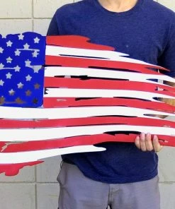 Onlineamericanstore USA Tattered Torn Flag Plasma Cut Steel RAW Or COLOR American Sign Metal Art Weathered Garage Wall Art Custom Metal Sign Business Art Flag