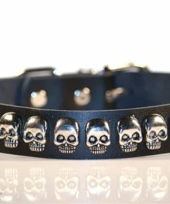 Onlineamericanstore Skulls Black Medium Leather Dog Collar, Silver Studs, Stainless Steel, For Small, Medium And Large Breeds, Halloween, Party, Costumes
