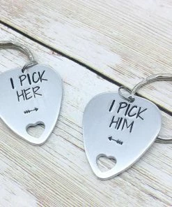 Onlineamericanstore Couples Keychain Set, I Pick Her, Him, Guitar Pick Keychain, Husband And Wife, Valentines Day Gift, Boyfriend Keychain, Hand Stamped Keyring Gift Collection