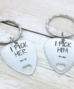 Onlineamericanstore Couples Keychain Set, I Pick Her, Him, Guitar Pick Keychain, Husband And Wife, Valentines Day Gift, Boyfriend Keychain, Hand Stamped Keyring Gift Collection