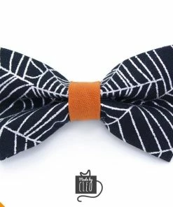 Onlineamericanstore Halloween Pet Bow Tie - "Spiderwebs" - Silver Spiderwebs On Black W/ Orange Tie - Detachable Bowtie For Cats + Dogs Halloween Pets Accessories