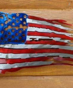Onlineamericanstore Small Tattered & Torn American Battle Flag Plasma Cut Metal Wall Art 18" W X 10" T American Flag
