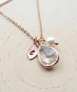Onlineamericanstore Rose Gold April Birthstone Necklace, Personalized Crystal Jewelry With Initial Birthstone Pearl Charm, Custom April Birthday Gifts For Her