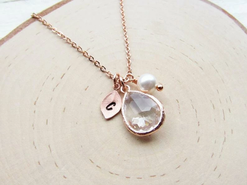 Onlineamericanstore Rose Gold April Birthstone Necklace, Personalized Crystal Jewelry With Initial Birthstone Pearl Charm, Custom April Birthday Gifts For Her 4 Onlineamericanstore Rose Gold April Birthstone Necklace, Personalized Crystal Jewelry With Initial Birthstone Pearl Charm, Custom April Birthday Gifts For Her