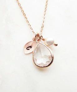 Onlineamericanstore Rose Gold April Birthstone Necklace, Personalized Crystal Jewelry With Initial Birthstone Pearl Charm, Custom April Birthday Gifts For Her