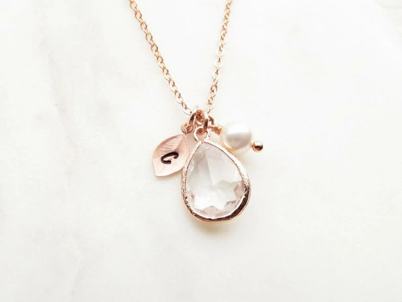 Onlineamericanstore Rose Gold April Birthstone Necklace, Personalized Crystal Jewelry With Initial Birthstone Pearl Charm, Custom April Birthday Gifts For Her 3 Onlineamericanstore Rose Gold April Birthstone Necklace, Personalized Crystal Jewelry With Initial Birthstone Pearl Charm, Custom April Birthday Gifts For Her