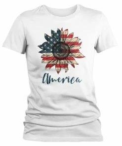Onlineamericanstore Women's America Sunflower T-Shirt 4th July Shirt Boho America Shirts Memorial Day Shirt Patriotic Sunflower Shirt Women Clothing