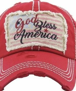 Onlineamericanstore Mens Clothing Distressed Red God Bless America Blue Baseball Cap, Patriotic Hat, USA