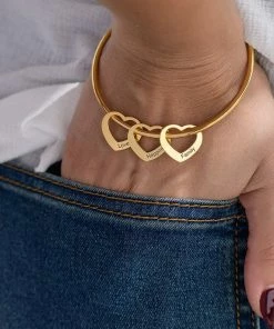 Onlineamericanstore Personalized Bangle Bracelet Engraved Hearts Charms Pendants -Gold Plating Over Sterling Silver 925- Custom Women Jewelry Personalized Gift