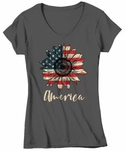 Onlineamericanstore Women's America Sunflower T-Shirt 4th July Shirt Boho America Shirts Memorial Day Shirt Patriotic Sunflower Shirt Women Clothing