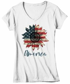 Onlineamericanstore Women's America Sunflower T-Shirt 4th July Shirt Boho America Shirts Memorial Day Shirt Patriotic Sunflower Shirt Women Clothing