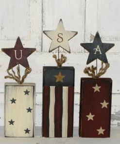 Onlineamericanstore American Flag Primitive Wood Americana Firecrackers With USA Letters - Sold Set/3 - Patriotic - Independence Day - Home Decor- Shelf Sitter - Handmade