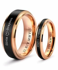 Onlineamericanstore Custom Name Accessories Custom Engraved Couple Rings, Tungsten Carbide Black Band With Rose Gold Stepped, His And Her Anniversary Gift, Gift Wrapped