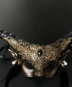 Onlineamericanstore Women Masquerade Mask, Halloween Mask, Brocade Design Mask, Animal Mask, Half Face Mask, Horn Mask, Mask For Women, Party Event Mask