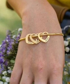 Onlineamericanstore Personalized Bangle Bracelet Engraved Hearts Charms Pendants -Gold Plating Over Sterling Silver 925- Custom Women Jewelry Personalized Gift