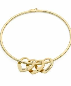 Onlineamericanstore Personalized Bangle Bracelet Engraved Hearts Charms Pendants -Gold Plating Over Sterling Silver 925- Custom Women Jewelry Personalized Gift