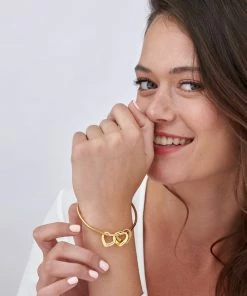 Onlineamericanstore Personalized Bangle Bracelet Engraved Hearts Charms Pendants -Gold Plating Over Sterling Silver 925- Custom Women Jewelry Personalized Gift