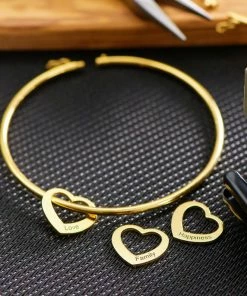 Onlineamericanstore Personalized Bangle Bracelet Engraved Hearts Charms Pendants -Gold Plating Over Sterling Silver 925- Custom Women Jewelry Personalized Gift