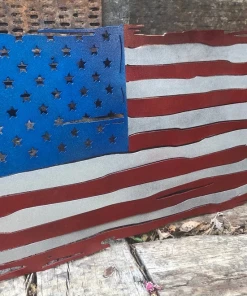 MajestyMetalArt Wall Decor & Art Tattered American Flag, Metal Flag Wall Art, Steel Flags, Patriotic Decor, Plasma Cut Flags, Red, White And Blue Flag, Gifts For Veterans