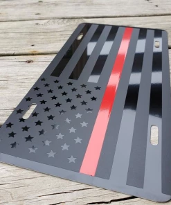 VinylCreationNC Thin Red Line American Flag License Plate / Red Line American Flag / Tactical FireFighter American Flag / Tactical American Flag Flags & Banner