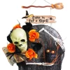 The American Store Halloween Wreath Halloween Ghoulish Skeleton Wreath Light-Up LED Owl Hanging From A Witchy "Come In For A Spell" Broom Sign Wreath
