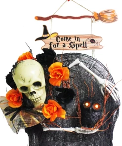 The American Store Halloween Wreath Halloween Ghoulish Skeleton Wreath Light-Up LED Owl Hanging From A Witchy "Come In For A Spell" Broom Sign Wreath