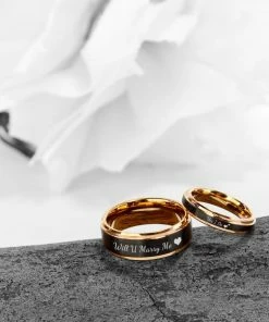 Onlineamericanstore Custom Name Accessories Custom Engraved Couple Rings, Tungsten Carbide Black Band With Rose Gold Stepped, His And Her Anniversary Gift, Gift Wrapped