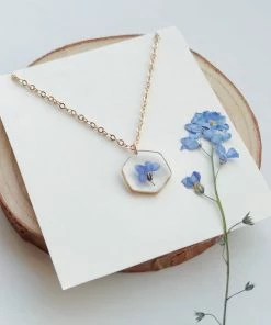 Onlineamericanstore Hexagon Forget Me Not Resin Necklace, Real Flower Jewelry, Real Flower Necklace, Resin Jewelry, Pressed Flower Jewelry,Gold Hexagon Necklace