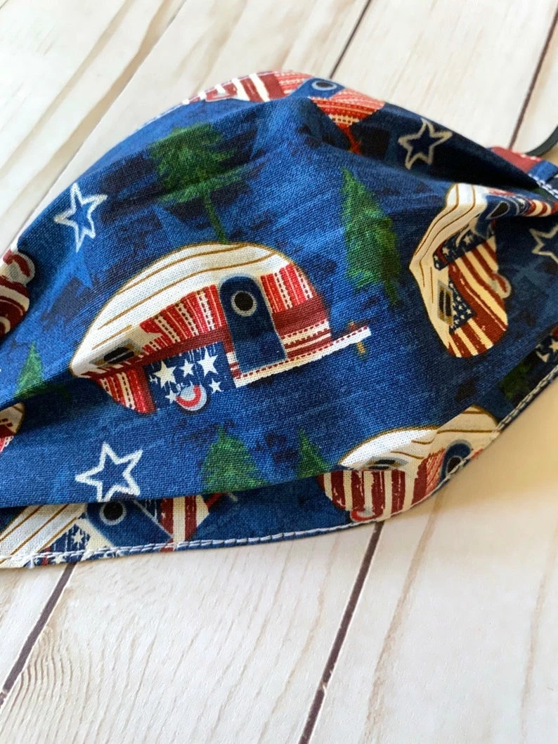 Onlineamericanstore Face Mask Reusable And Washable - Patriotic Campers - Double Layer Cotton With Elastic Ear Loops - Ready To Ship - Reverses To Stars 4 Onlineamericanstore Face Mask Reusable And Washable - Patriotic Campers - Double Layer Cotton With Elastic Ear Loops - Ready To Ship - Reverses To Stars