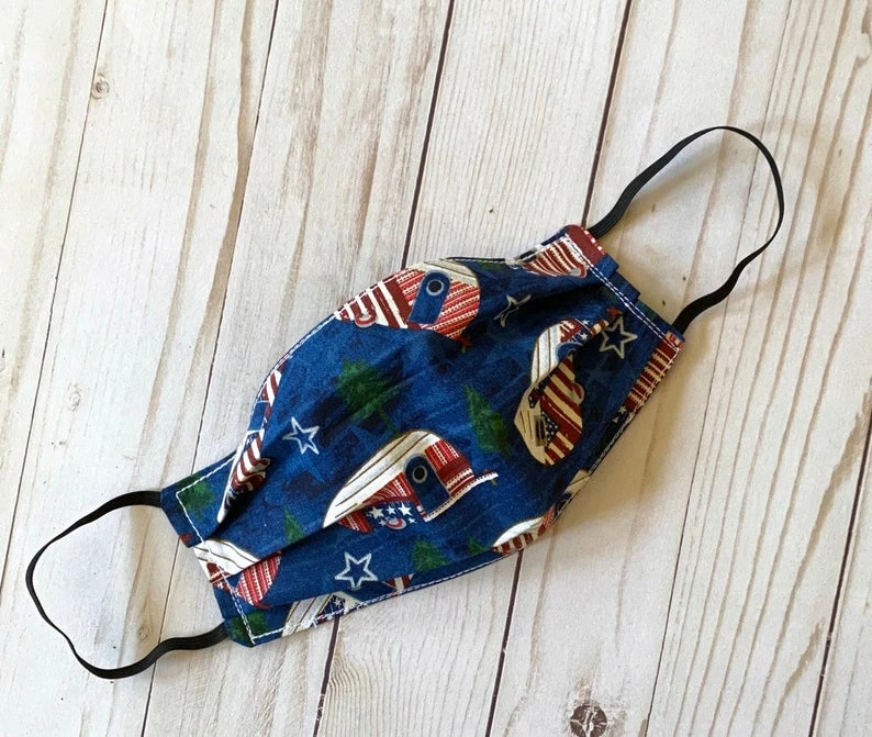 Onlineamericanstore Face Mask Reusable And Washable - Patriotic Campers - Double Layer Cotton With Elastic Ear Loops - Ready To Ship - Reverses To Stars 3 Onlineamericanstore Face Mask Reusable And Washable - Patriotic Campers - Double Layer Cotton With Elastic Ear Loops - Ready To Ship - Reverses To Stars