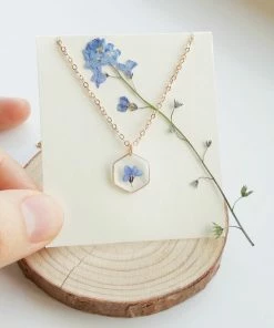 Onlineamericanstore Hexagon Forget Me Not Resin Necklace, Real Flower Jewelry, Real Flower Necklace, Resin Jewelry, Pressed Flower Jewelry,Gold Hexagon Necklace