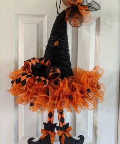 The American Store Halloween Witch Hat Wreath Halloween Wreath 24" Black And Orange Ribbon Glittery Spiders Witch Hat Wreath