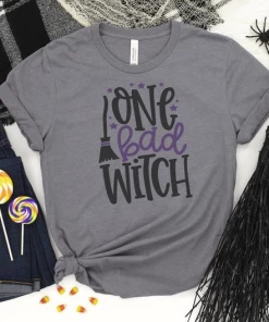 The American Store One Bad Witch - Halloween Tee - Trick Or Treat - I Love Witches - Broomstick - Bella Canvas T-shirt - Soft Tees -Unisex T-shirt