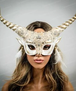 Onlineamericanstore White Forest Fairy Antlers Ram Horns Headband Halloween Masquerade Mask, Hair Decor Costume Headband Feather Earrings, Cosplay Antlers White Halloween Mask