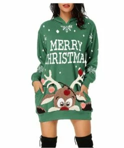 NORA TWIPS Official Store Christmas Women Clothing Christmas Dress Women Fashion Christmas Hoodie Bag Hip Pocket Print Hoodie Dress Long Sleeve Winter