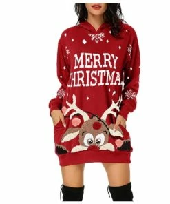 NORA TWIPS Official Store Christmas Women Clothing Christmas Dress Women Fashion Christmas Hoodie Bag Hip Pocket Print Hoodie Dress Long Sleeve Winter