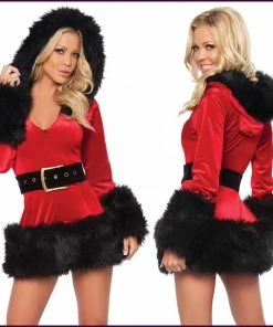 The American Store Christmas Women Clothing High Quality Red Black Sexy Ladies Velvet Dress Santa Costume Adult Mrs Santa Claus Outfit For Women Hooded Belt Christmas Dress