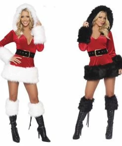 The American Store Christmas Women Clothing High Quality Red Black Sexy Ladies Velvet Dress Santa Costume Adult Mrs Santa Claus Outfit For Women Hooded Belt Christmas Dress