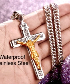 The American Store Cross Necklace For Men Silver Gold Heavy Stainless Steel Waterproof Thick Curb Chain Jewelry Jewellery Cross Of Jesus
