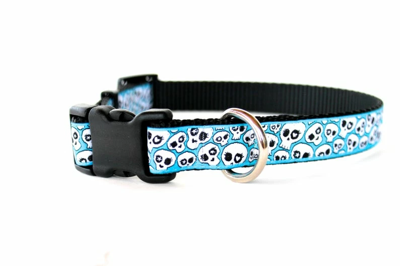 Onlineamericanstore Skulls In Teal Blue Dog Collar, Rockstar Pet Collar, Adjustable Ribbon Dog Collar, Sugar Skulls, Halloween Dog Collar 5 Onlineamericanstore Skulls In Teal Blue Dog Collar, Rockstar Pet Collar, Adjustable Ribbon Dog Collar, Sugar Skulls, Halloween Dog Collar