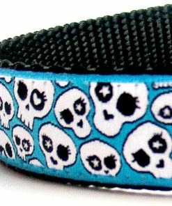 Onlineamericanstore Skulls In Teal Blue Dog Collar, Rockstar Pet Collar, Adjustable Ribbon Dog Collar, Sugar Skulls, Halloween Dog Collar