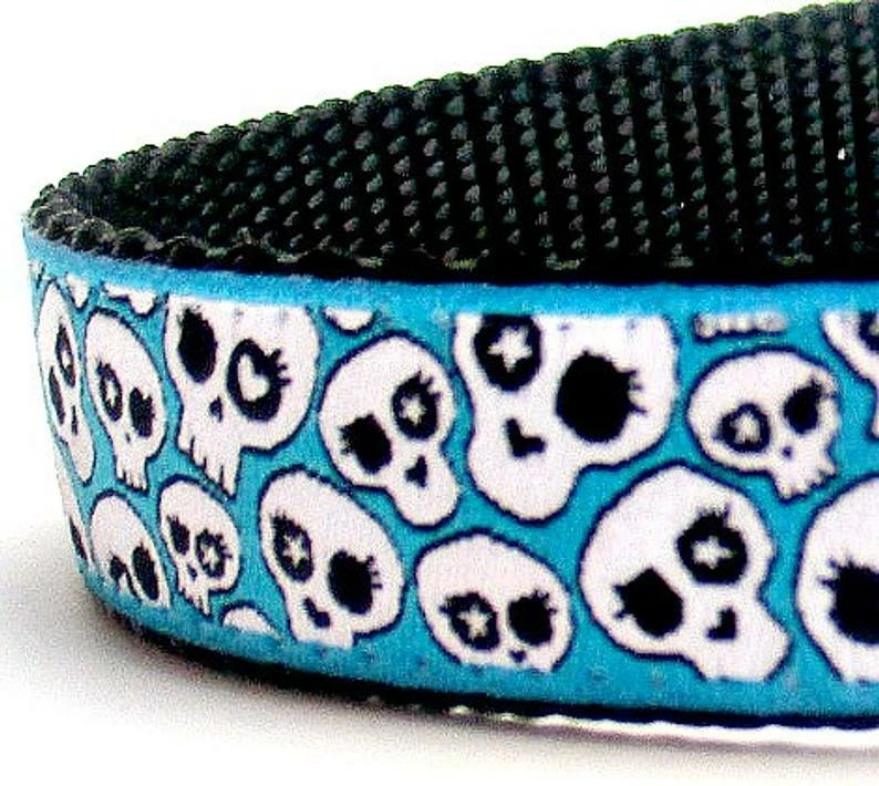 Onlineamericanstore Skulls In Teal Blue Dog Collar, Rockstar Pet Collar, Adjustable Ribbon Dog Collar, Sugar Skulls, Halloween Dog Collar 3 Onlineamericanstore Skulls In Teal Blue Dog Collar, Rockstar Pet Collar, Adjustable Ribbon Dog Collar, Sugar Skulls, Halloween Dog Collar