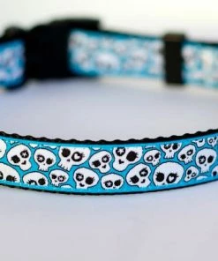 Onlineamericanstore Skulls In Teal Blue Dog Collar, Rockstar Pet Collar, Adjustable Ribbon Dog Collar, Sugar Skulls, Halloween Dog Collar