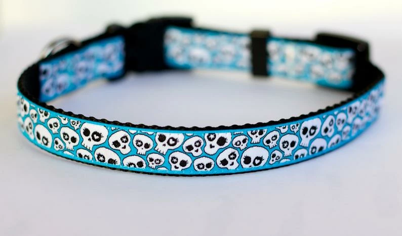 Onlineamericanstore Skulls In Teal Blue Dog Collar, Rockstar Pet Collar, Adjustable Ribbon Dog Collar, Sugar Skulls, Halloween Dog Collar 4 Onlineamericanstore Skulls In Teal Blue Dog Collar, Rockstar Pet Collar, Adjustable Ribbon Dog Collar, Sugar Skulls, Halloween Dog Collar