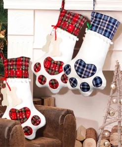 The American Store Large Plaid Paw Christmas Stocking For Dog Cat Christmas Gift Bags Xmas Tree Ornaments New Year Decoration Navidad Christmas Pets Collection