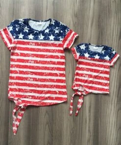 The American Store New July 4th Summer Baby Girls Clothes Navy Red Stripes Stars Cotton Top Shirts Raglans Boutique Mommy & Me Family Look Take Bow Kids Clothing
